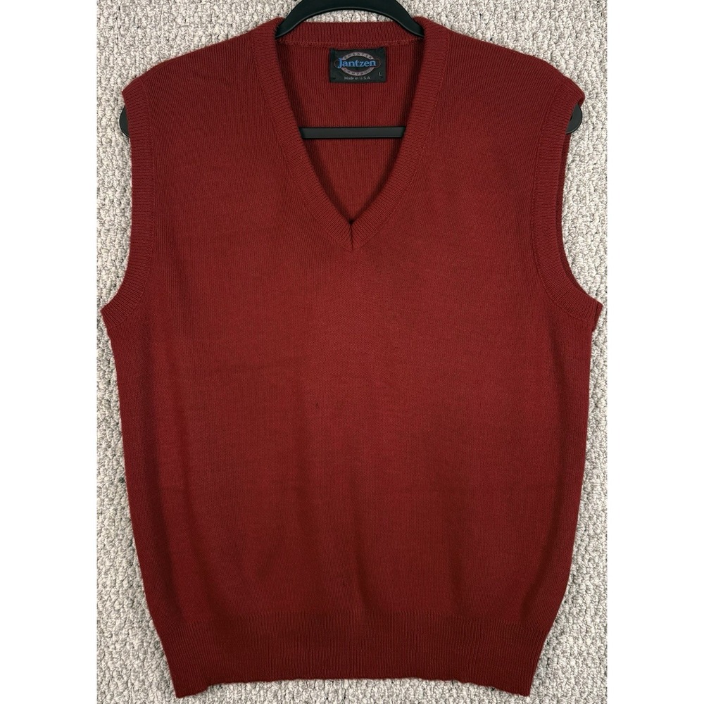 Vintage 90s Jantzen Orlon Acrylic Sweater Vest Red V Neck USA Men's L